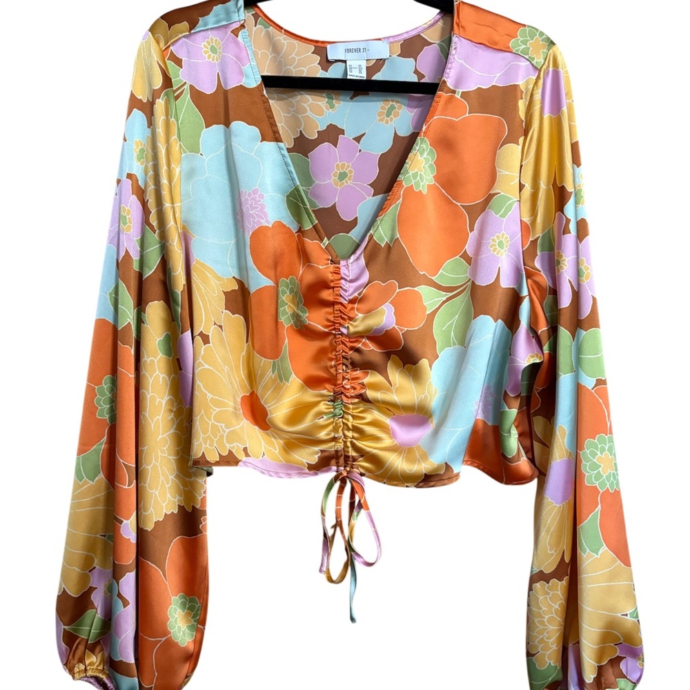 Forever 21 Bold Satin Floral Ruched Front Crop Top Blouse 3X